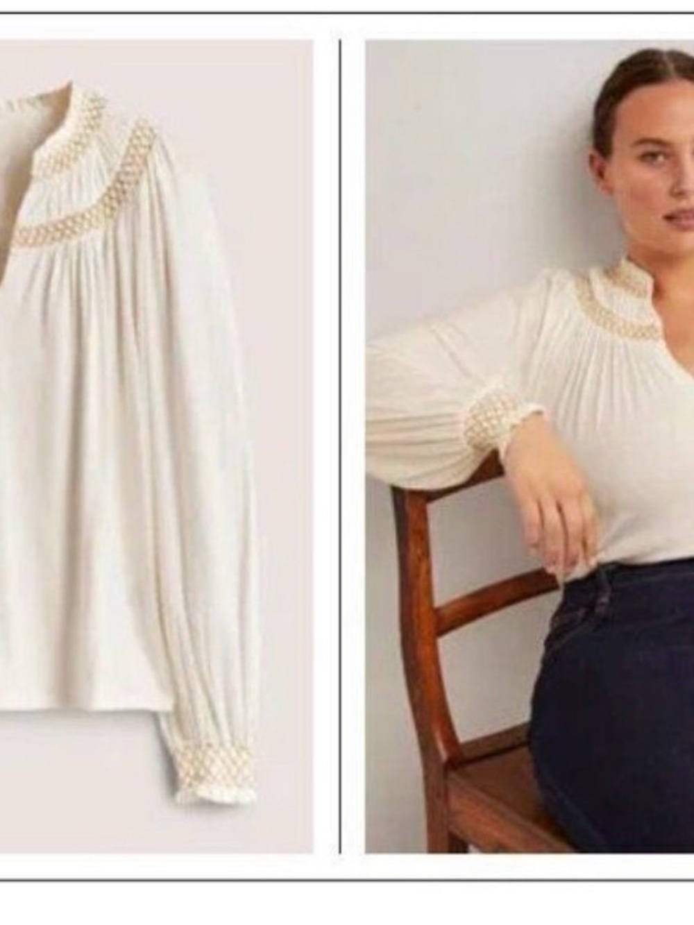 Boden Cream Peasant Blouse with Smocked Yoke and Metallic Gold Stitching